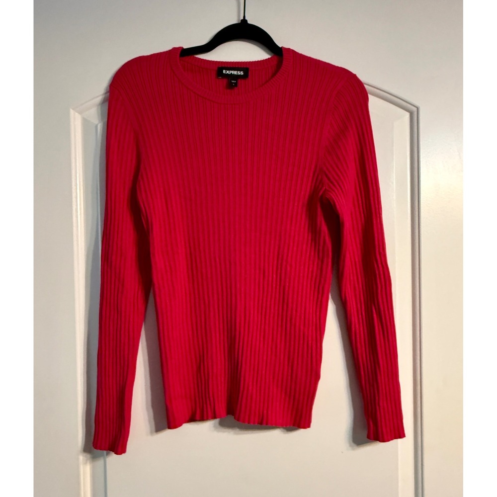 Express Ribbed Knit Sweater L Deep Pink Crew Neck Long Sleeve Stretch